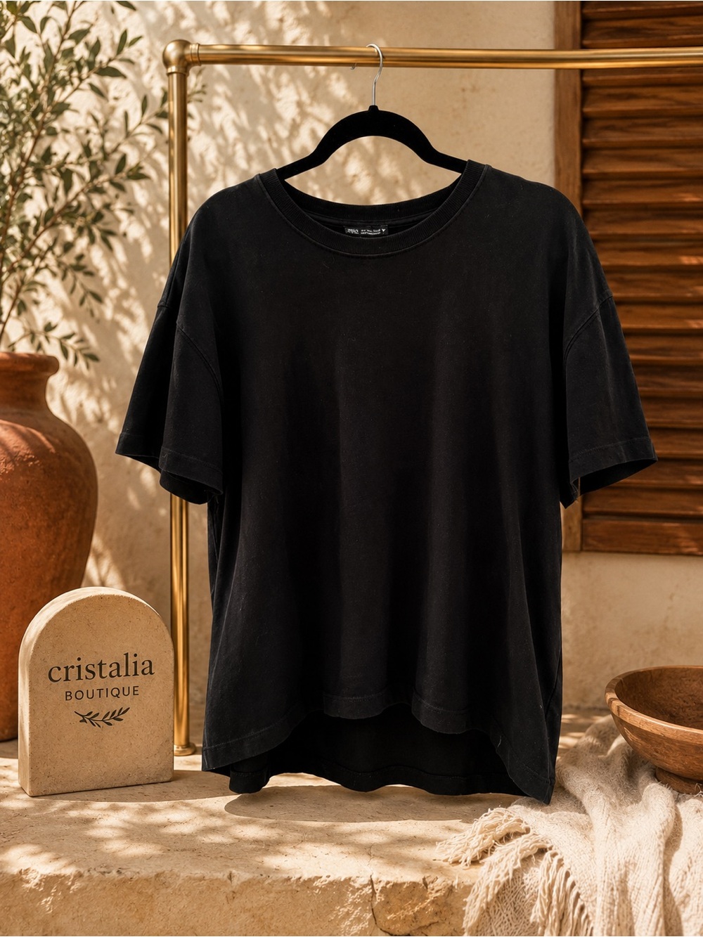 Zara Black Relaxed Cotton Tee | Minimal Luxe Everyday Essential | Size M